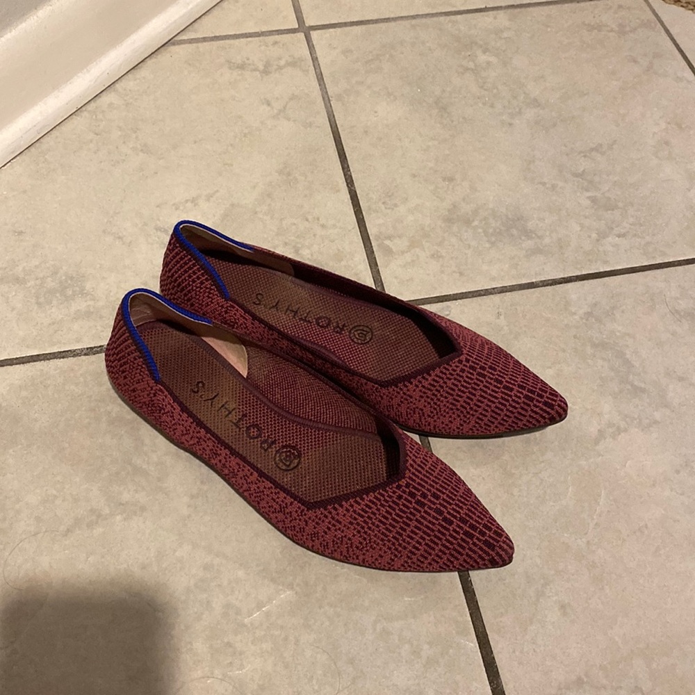 Rothy’s, size 7.5, pink and maroon snake skin.